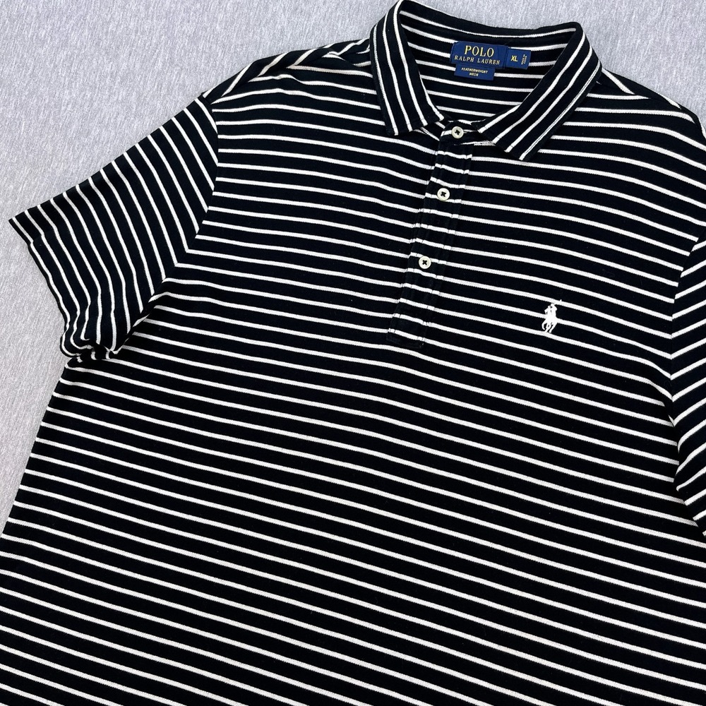 Polo Ralph Lauren Featherweight Mesh Polo Shirt Men XL Black White Stripe Cotton